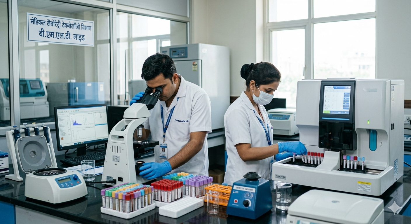 Indian lab technicians working in a modern BMLT course laboratory, using a microscope and a blood analyzer.