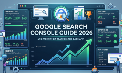 Google Search Console Guide 2026 infographic dashboard showing organic traffic growth chart and SEO metrics in Hindi