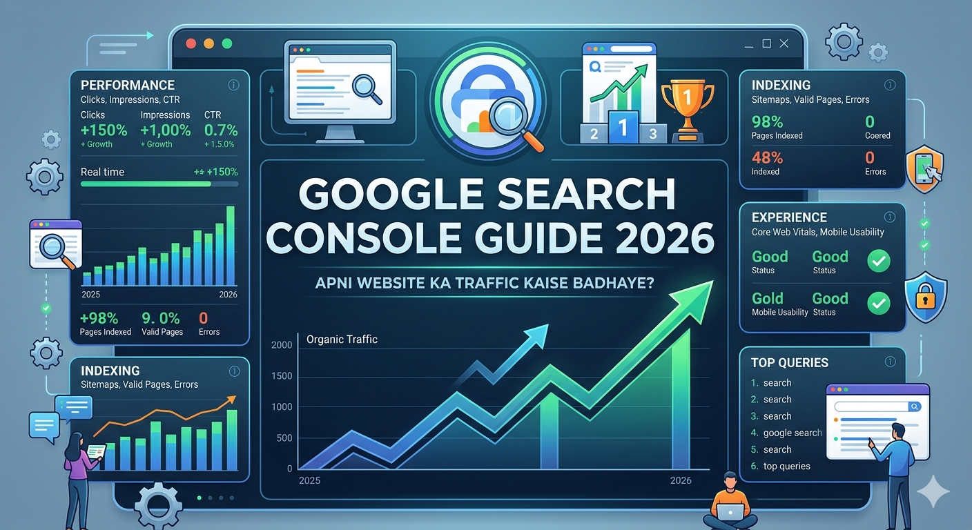 Google Search Console Guide 2026 infographic dashboard showing organic traffic growth chart and SEO metrics in Hindi
