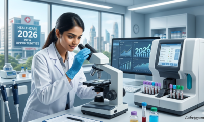 Modern Medical Lab Technician working with microscope and automated analyzer machines in 2026 - aksafar