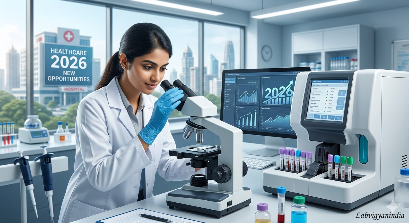 Modern Medical Lab Technician working with microscope and automated analyzer machines in 2026 - aksafar